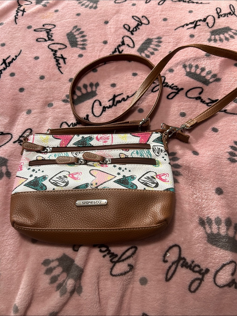Stone & Co. Brown Crossbody Bag with Multi-Color Heart Print